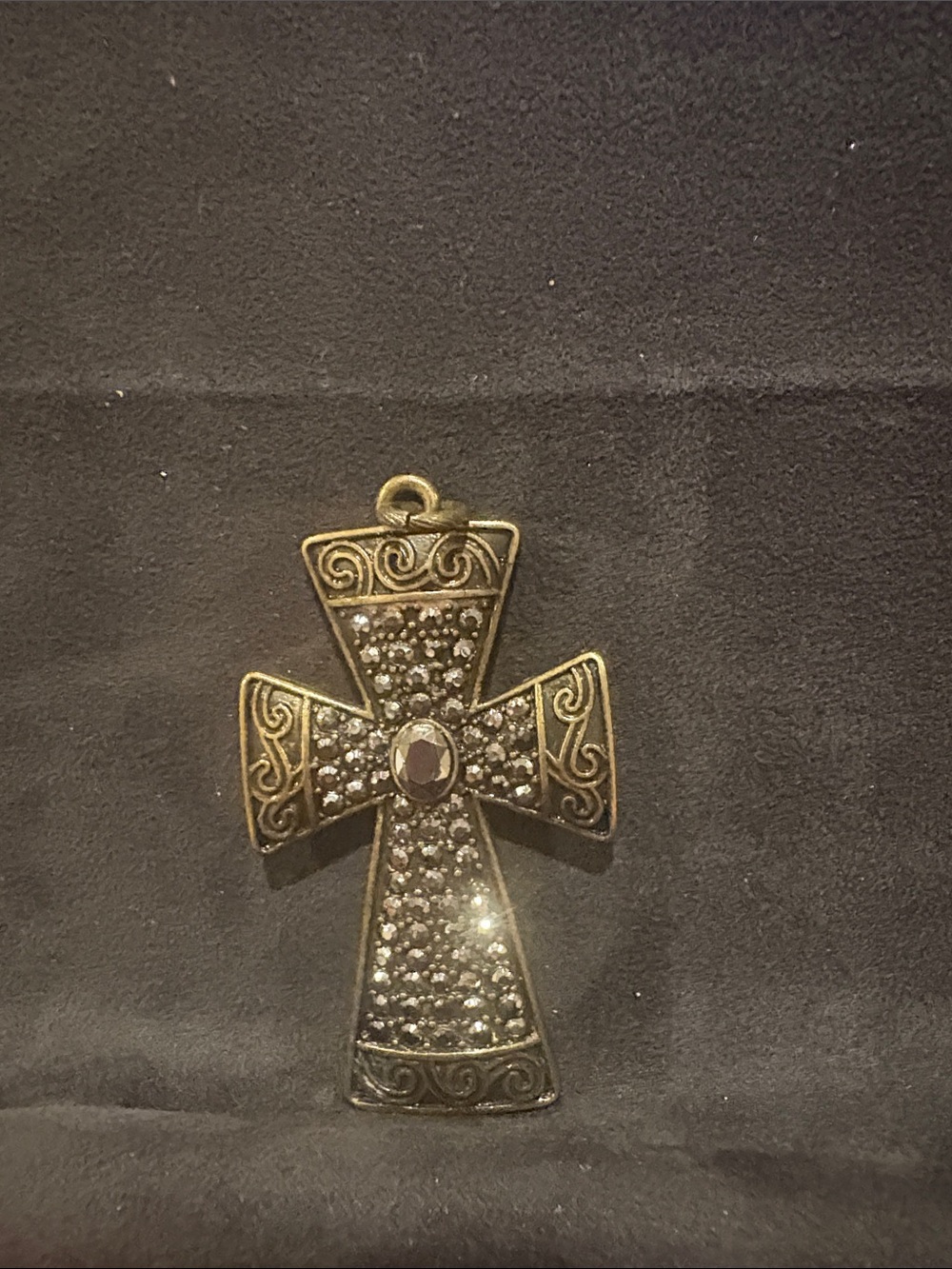 Antique Gold Decorative Cross Accent Pendant with Rhinestone Accent